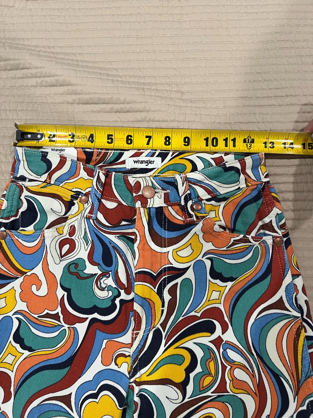 Wrangler Retro High Rise Flare Jeans 24 Psychedelic Paisley Print Festival Denim - Picture 7 of 7